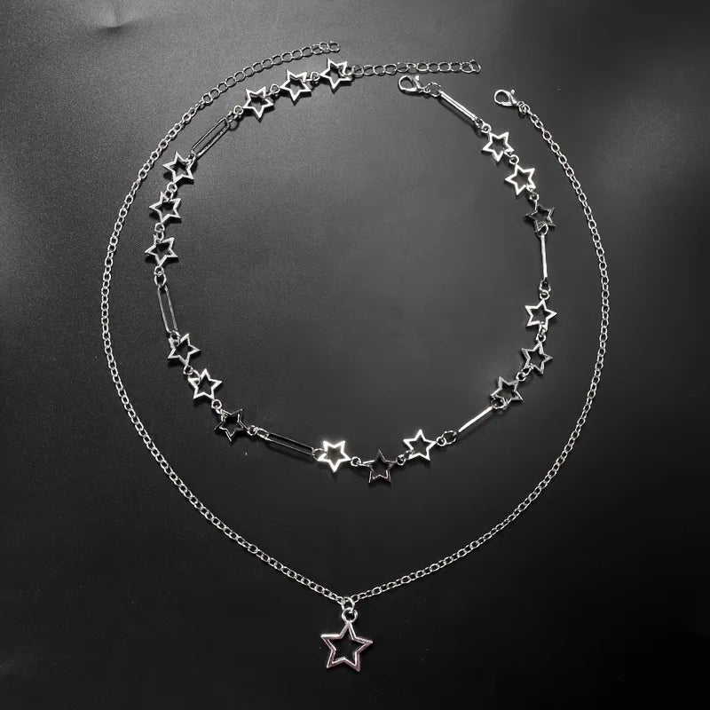 Y2K Punk Double Layer Star Chain Necklace – Personalized Hollow Out Holiday Gift for Women