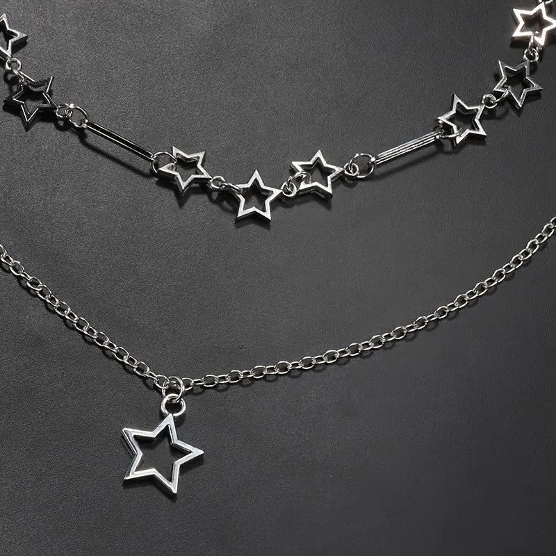 Y2K Punk Double Layer Star Chain Necklace – Personalized Hollow Out Holiday Gift for Women