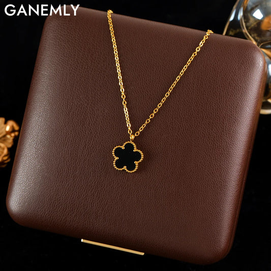 GANEMLY Black Clover Plum Flower Pendant Necklace – 316L Stainless Steel, Waterproof Jewelry for Women