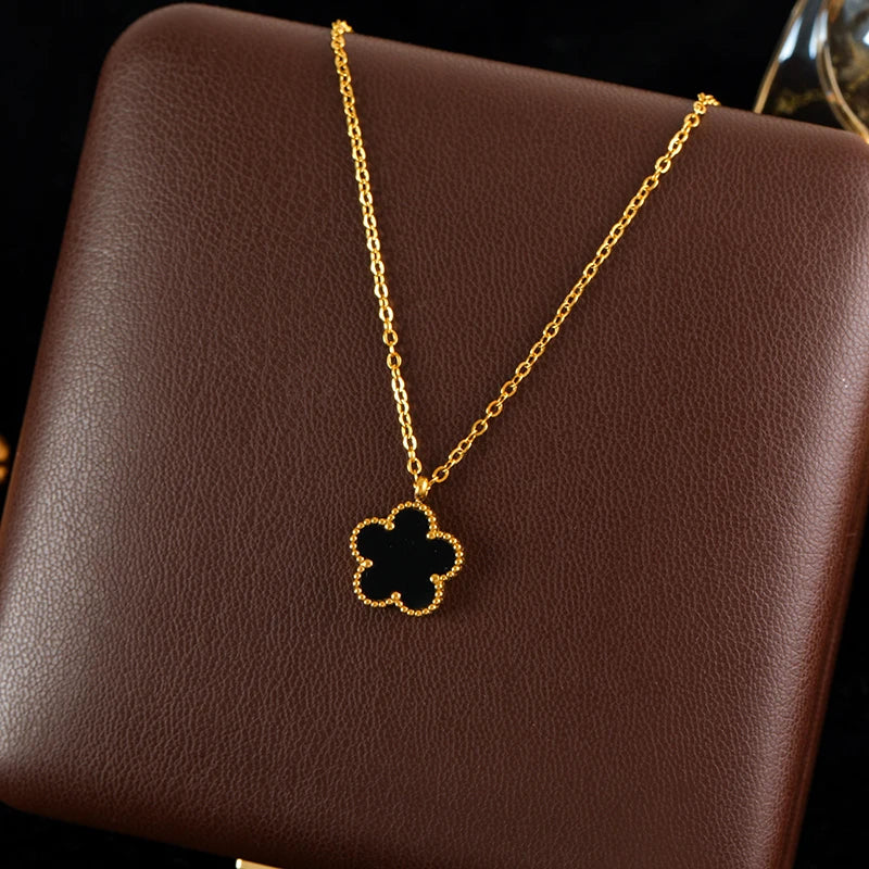 GANEMLY Black Clover Plum Flower Pendant Necklace – 316L Stainless Steel, Waterproof Jewelry for Women