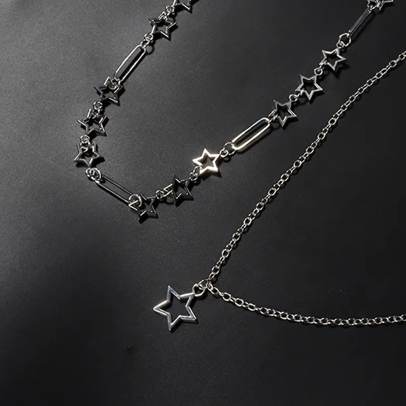 Y2K Punk Double Layer Star Chain Necklace – Personalized Hollow Out Holiday Gift for Women
