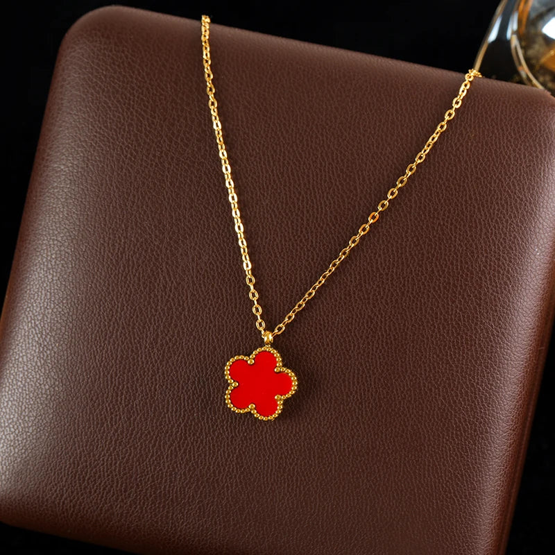 GANEMLY Black Clover Plum Flower Pendant Necklace – 316L Stainless Steel, Waterproof Jewelry for Women