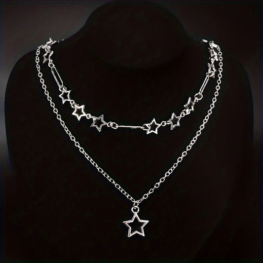 Y2K Punk Double Layer Star Chain Necklace – Personalized Hollow Out Holiday Gift for Women