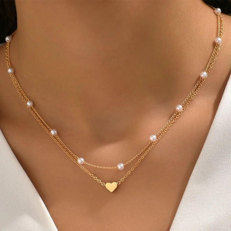 FTCY 3pcs Pearl Necklace Set – 14K Gold Heart Pendant, Waterproof Hypoallergenic Jewelry for Women