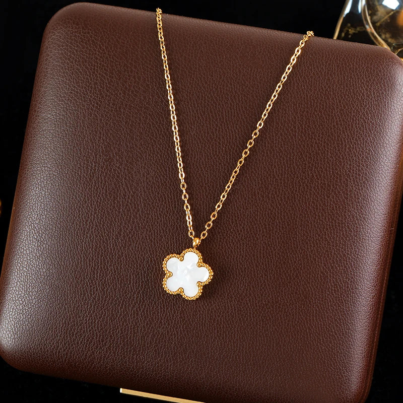 GANEMLY Black Clover Plum Flower Pendant Necklace – 316L Stainless Steel, Waterproof Jewelry for Women