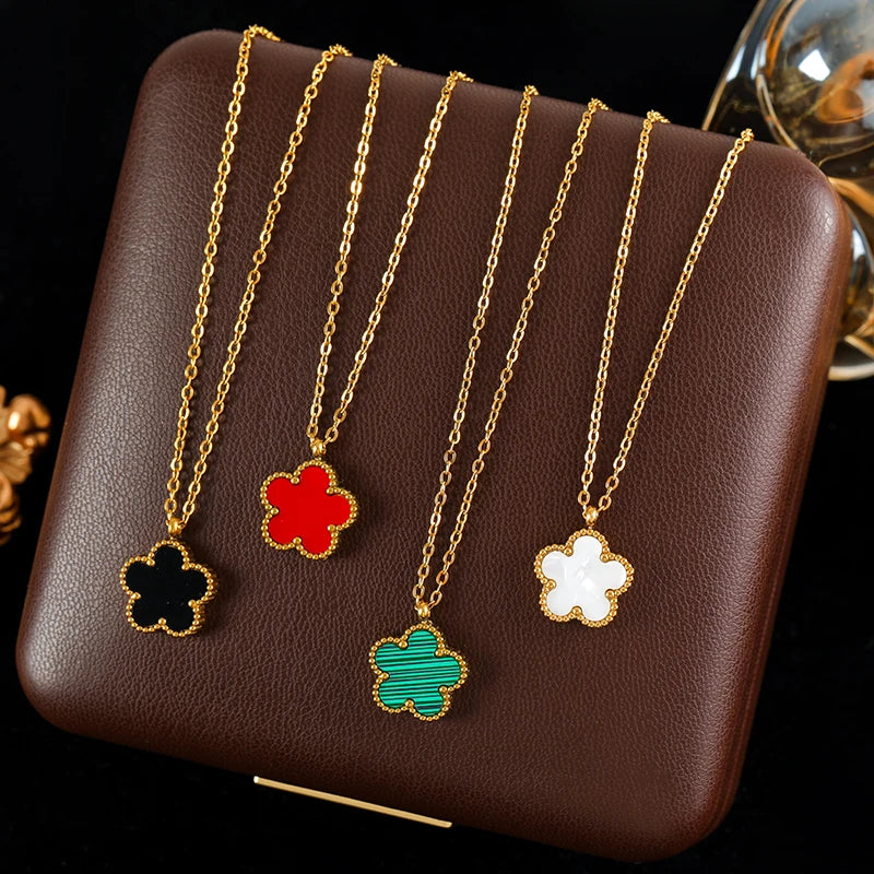 GANEMLY Black Clover Plum Flower Pendant Necklace – 316L Stainless Steel, Waterproof Jewelry for Women