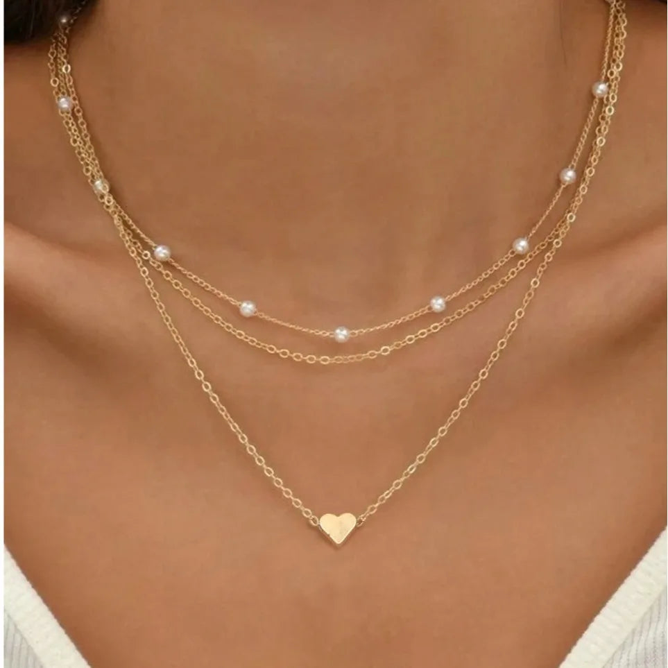 FTCY 3pcs Pearl Necklace Set – 14K Gold Heart Pendant, Waterproof Hypoallergenic Jewelry for Women