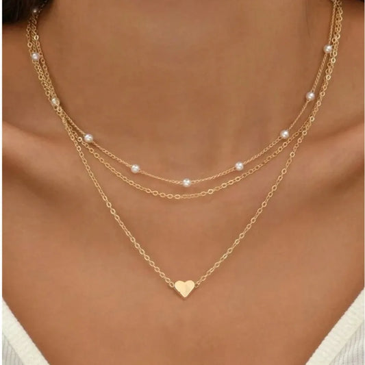 FTCY 3pcs Pearl Necklace Set – 14K Gold Heart Pendant, Waterproof Hypoallergenic Jewelry for Women
