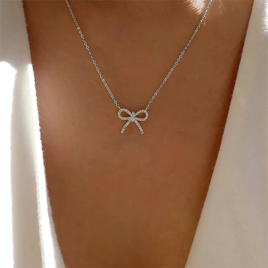Summer Bow Necklace – Women's Fashion Rhinestone Pendant, Daily & Party Jewelry