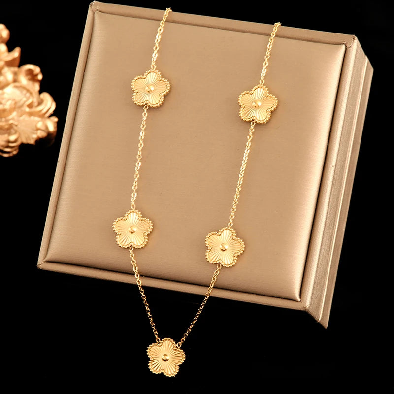 GANEMLY Black Clover Plum Flower Pendant Necklace – 316L Stainless Steel, Waterproof Jewelry for Women
