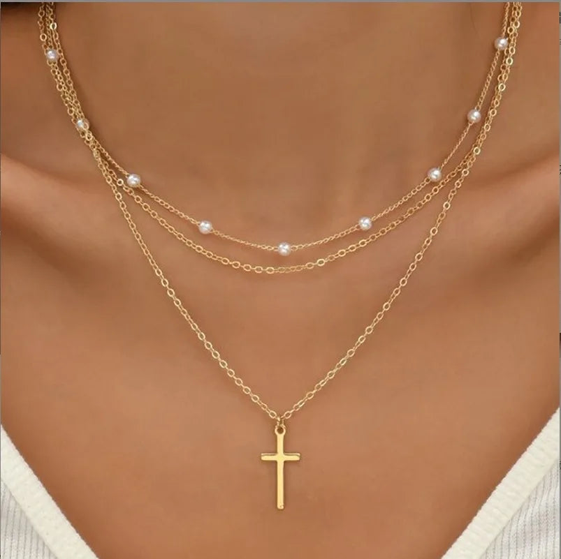 FTCY 3pcs Pearl Necklace Set – 14K Gold Heart Pendant, Waterproof Hypoallergenic Jewelry for Women